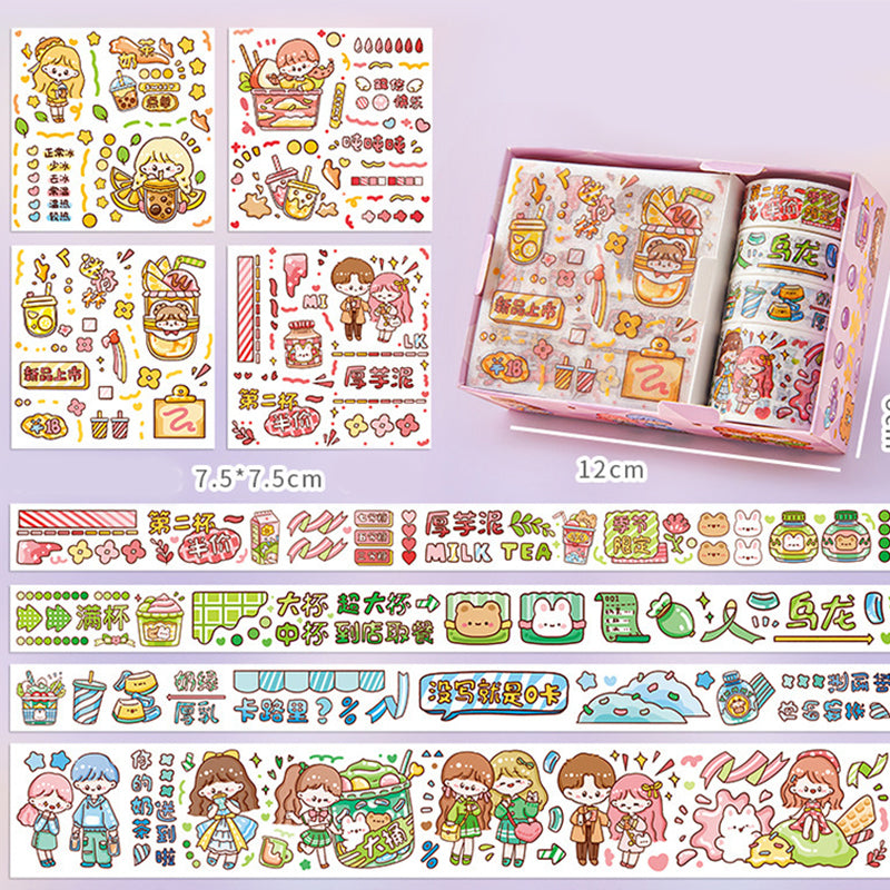 Colorful milk tea and cartoon character washi tape designs with matching stickers