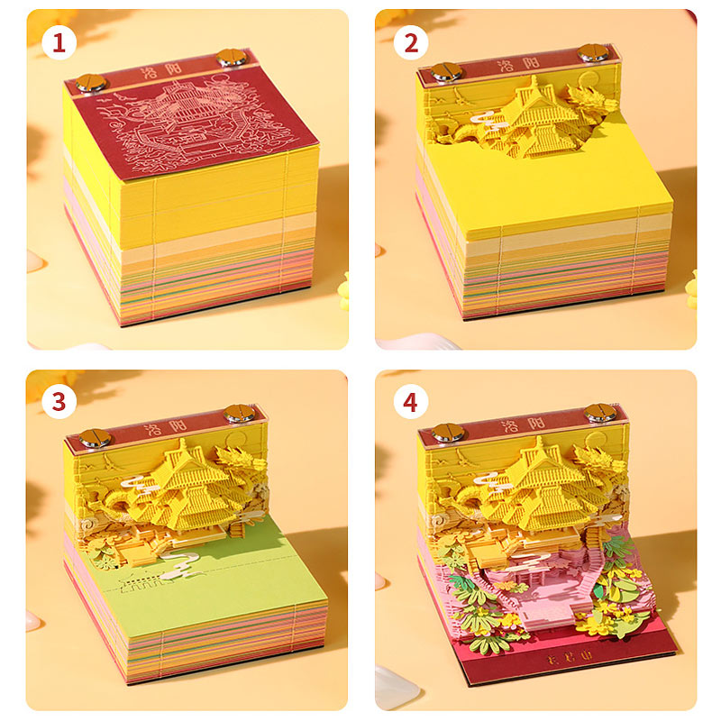 Mini 3D landmark note paper set showing four colorful layered designs