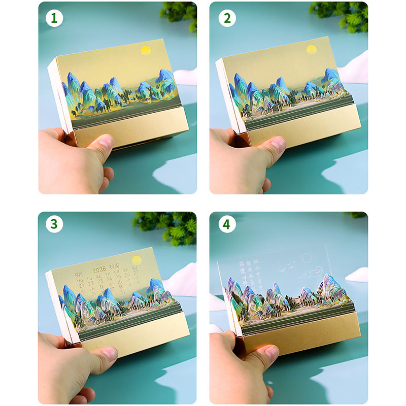 Chinese landscape paper sculpture memo pad showing layered mountain design steps