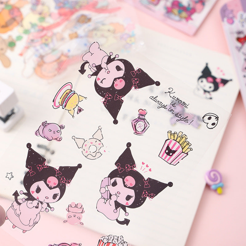 Close-up of a transparent kawaii sticker sheet with cute cartoon characters, snacks, and decorative icons