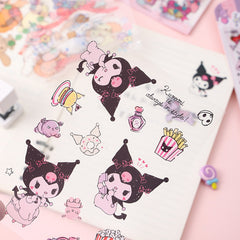 Close-up of a transparent kawaii sticker sheet with cute cartoon characters, snacks, and decorative icons