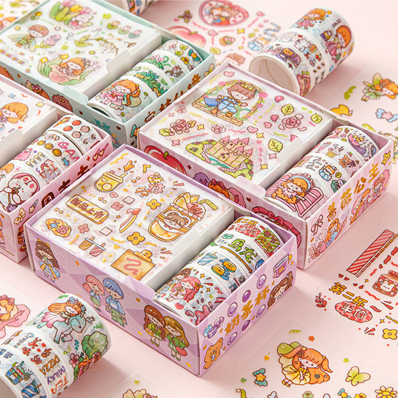 Pastel stationery set featuring cartoon washi tapes, sticker sheets, and illustrated boxes