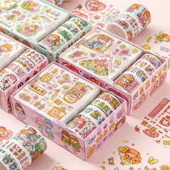 Pastel stationery set featuring cartoon washi tapes, sticker sheets, and illustrated boxes