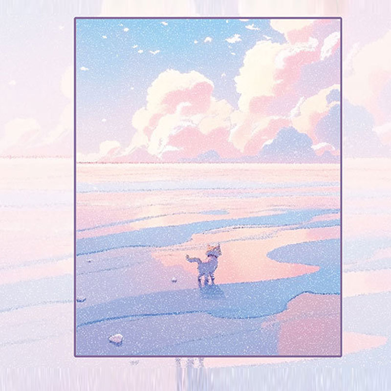 Pastel note paper showing a small dog walking across a dreamy beach