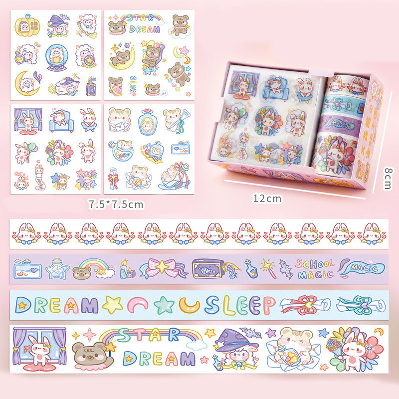 Pastel cartoon washi tape set with dream-themed sticker sheets and decorative rolls