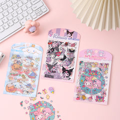 Set of pastel cartoon sticker sheets featuring cute animals, sweets, bows, and decorative elements