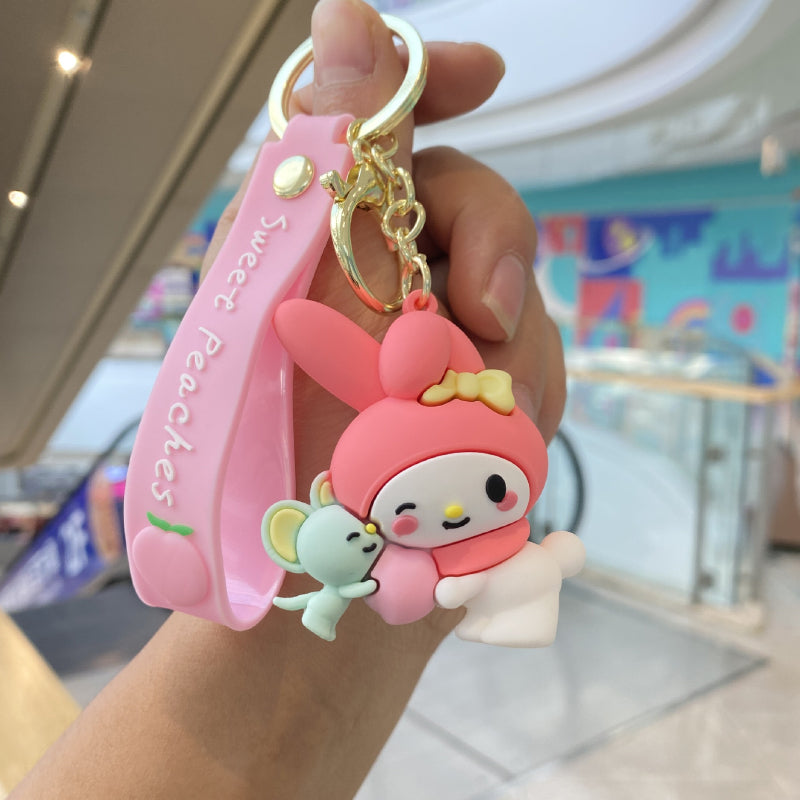 Pink bunny character keychain with soft rubber pendant