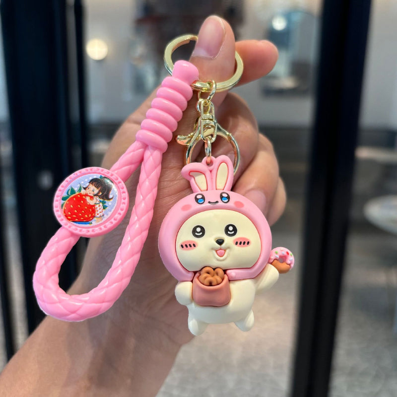 Pink bunny dessert pet keychain with braided strap and gold-tone ring