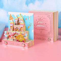 Pink 3D castle note pad shown with front and back decorative designs