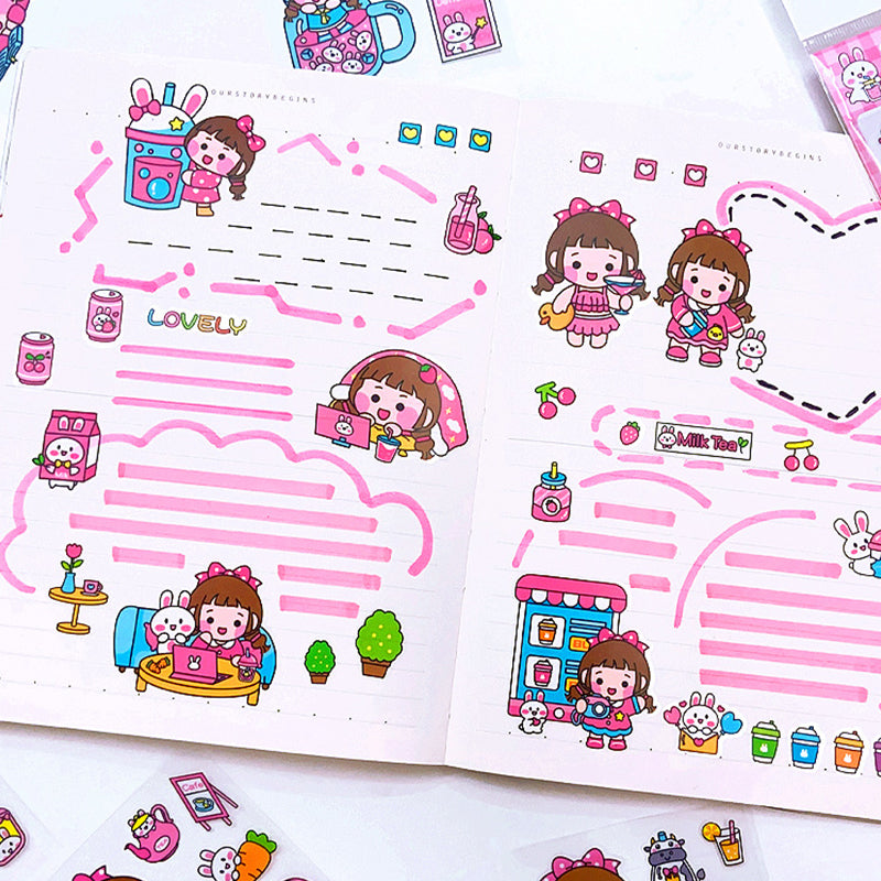 Pink planner sticker pages with drink shop, dessert, cute cartoon girl, and decorative journal elements for creative planning