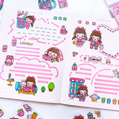 Pink planner sticker pages with drink shop, dessert, cute cartoon girl, and decorative journal elements for creative planning