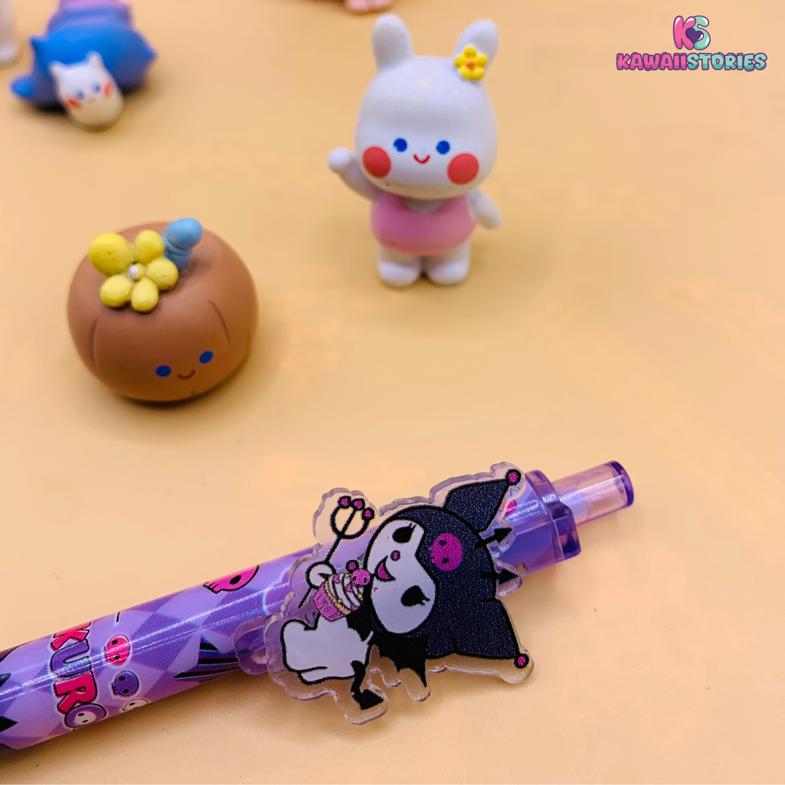Close-up of purple cartoon acrylic patch gel pen