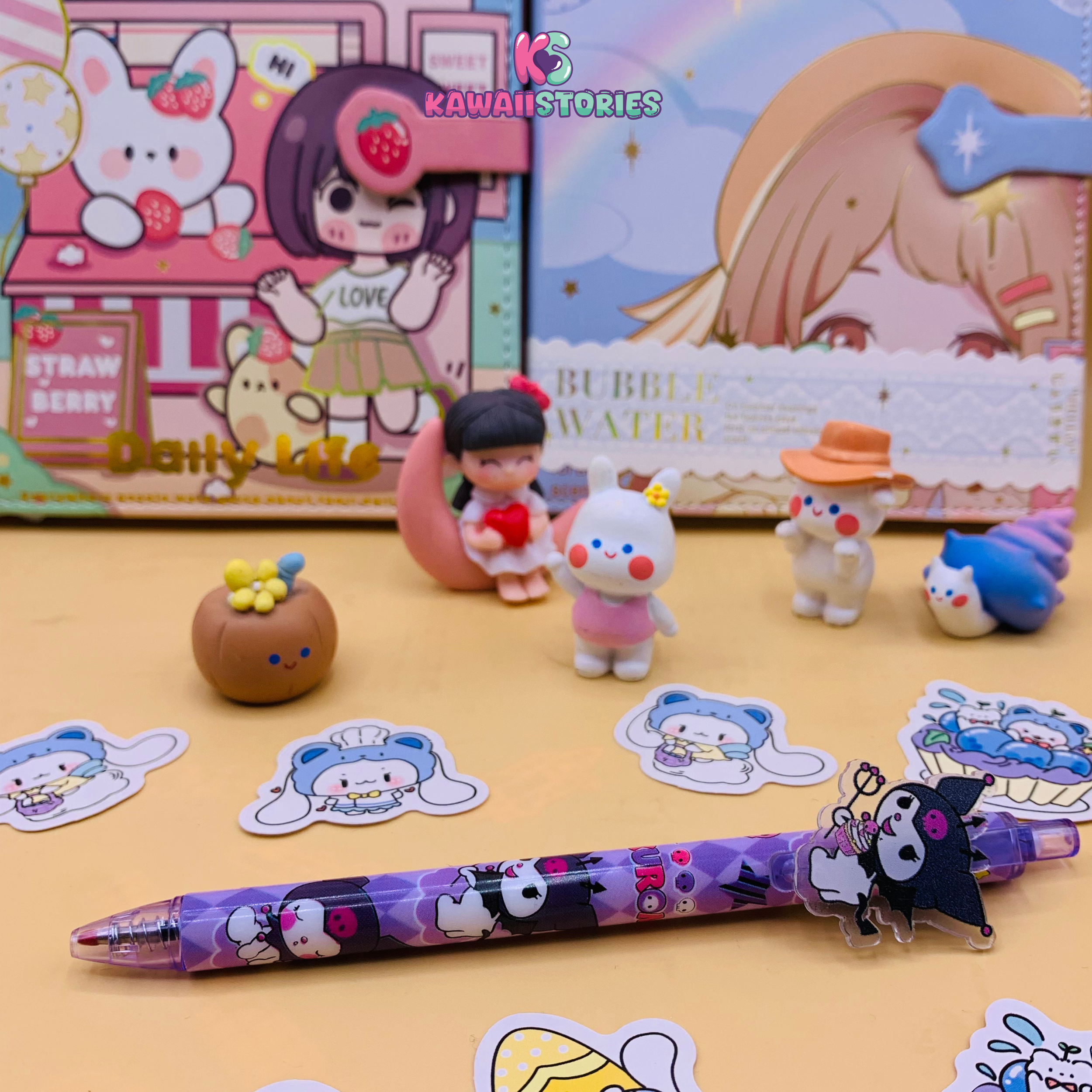 Purple acrylic patch gel pen with cute cartoon character topper