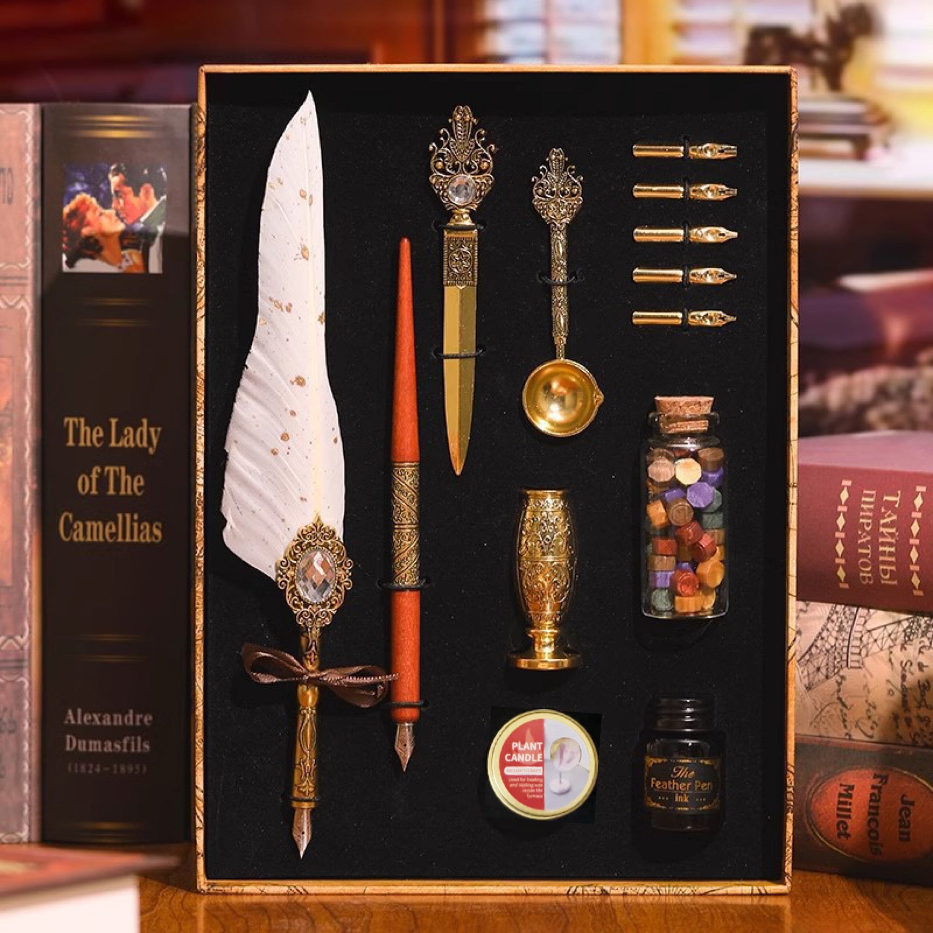 White feather quill calligraphy and wax seal gift set with gold accessories