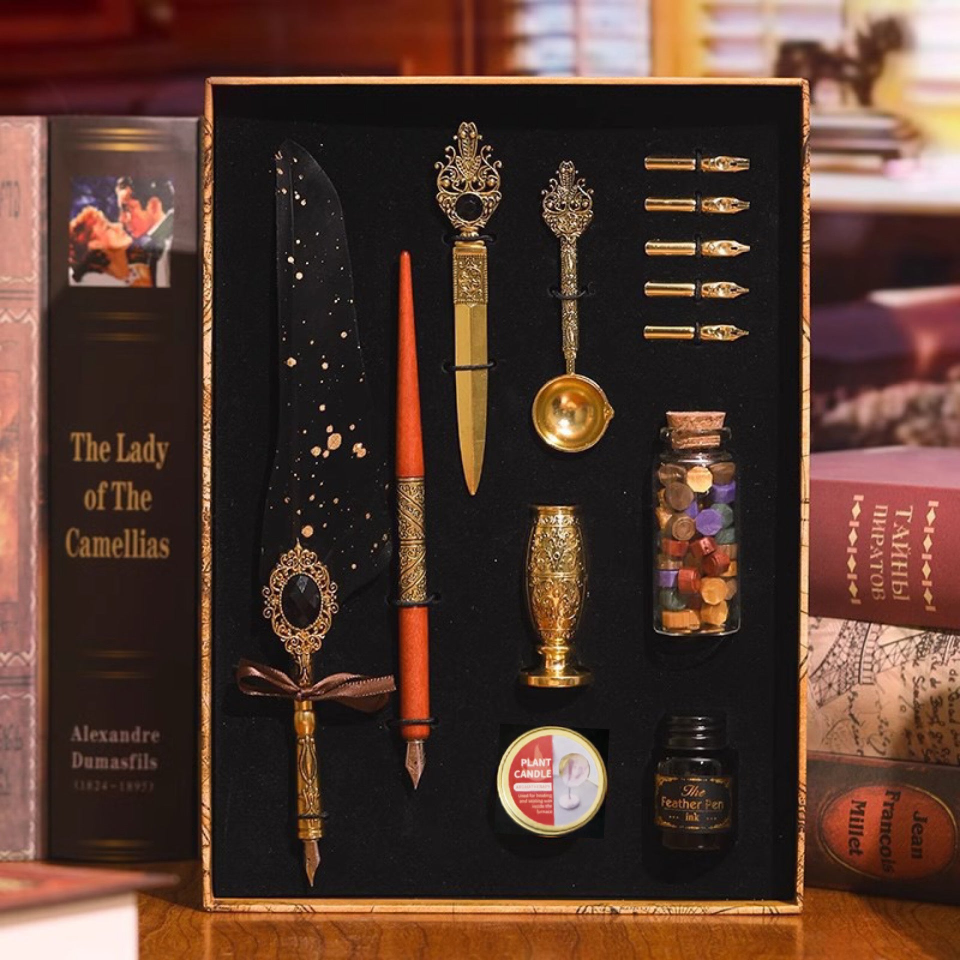 Green feather quill calligraphy gift set with gold accessories and wax beads