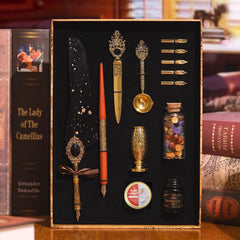 Green feather quill calligraphy gift set with gold accessories and wax beads