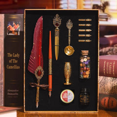 Wine red feather quill calligraphy gift set with gold accessories