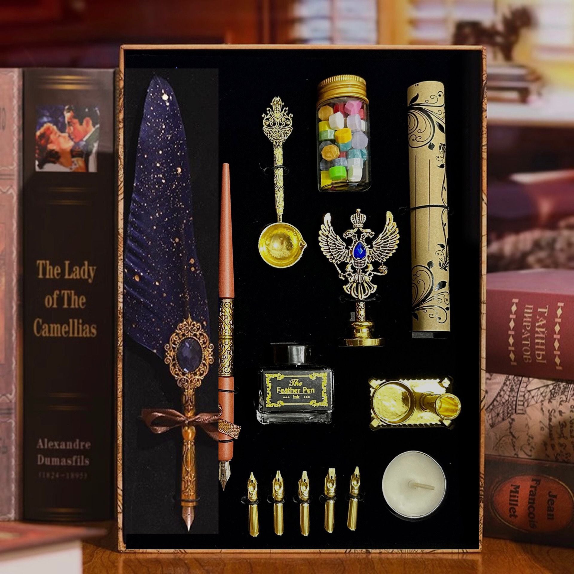 Vintage feather quill writing and wax seal gift set in black presentation box
