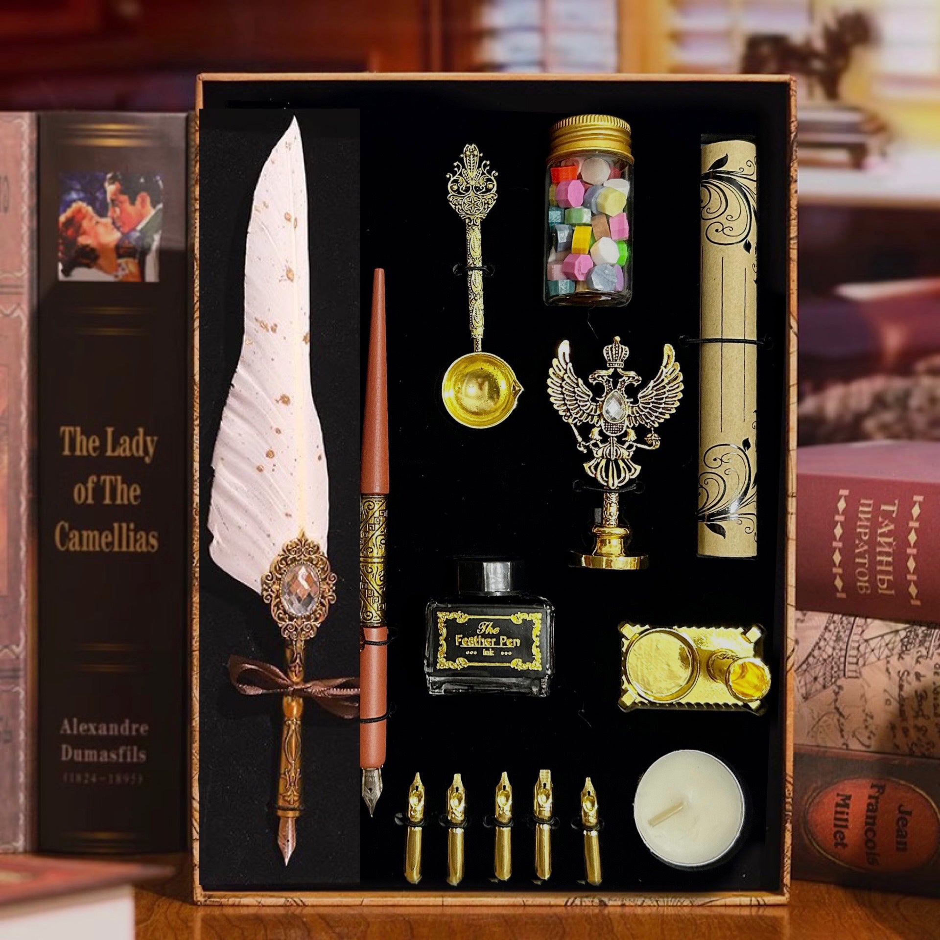 Light feather quill wax seal writing set with parchment and gold accessories