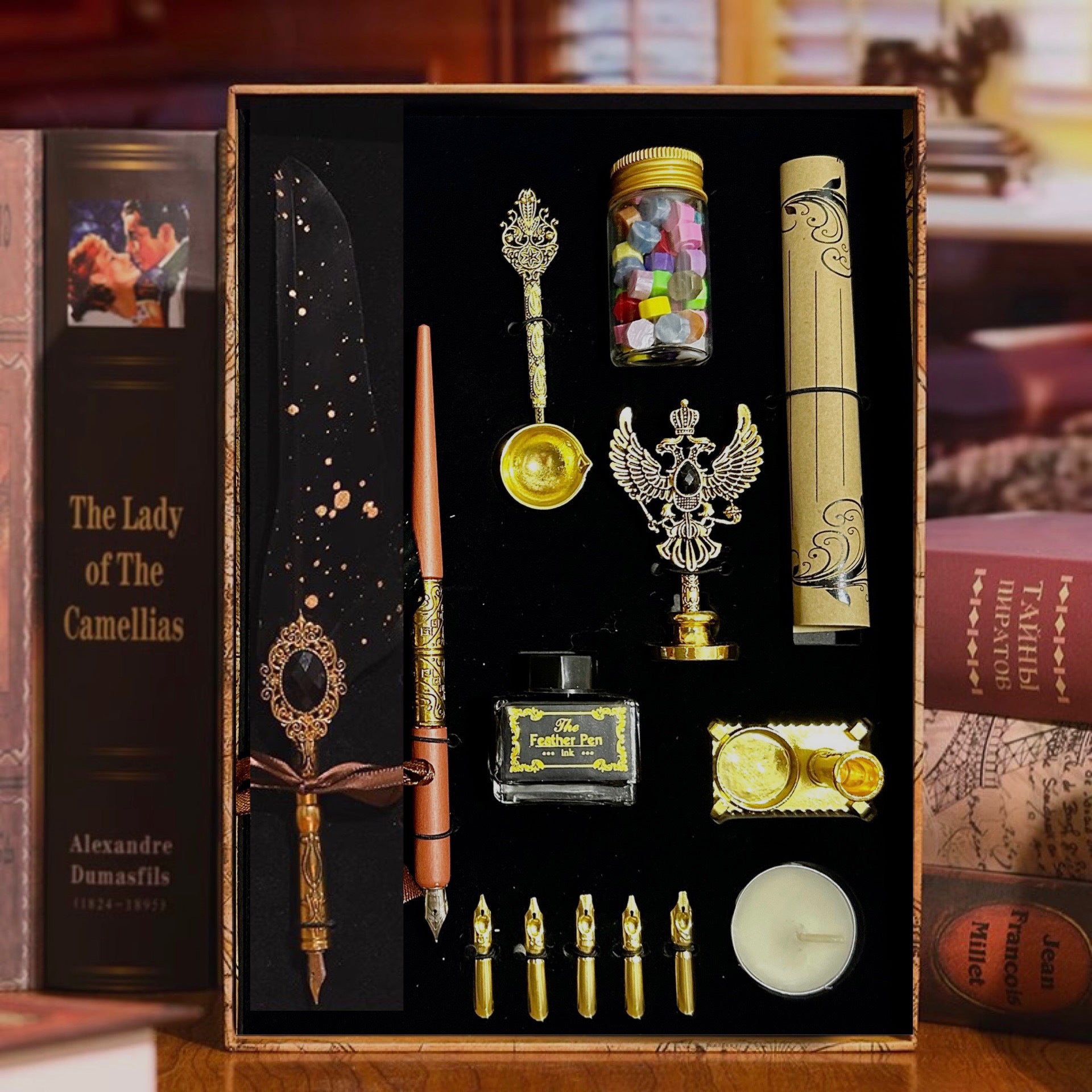 Black feather quill writing set with wax beads, seal stamp and nibs
