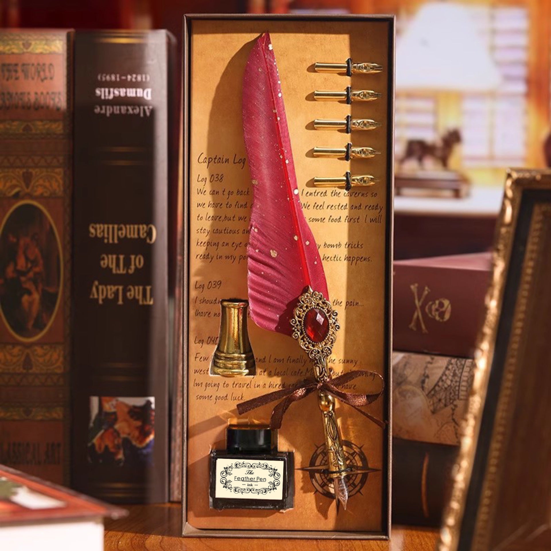 Wine red feather quill pen set with gold nibs and ink bottle