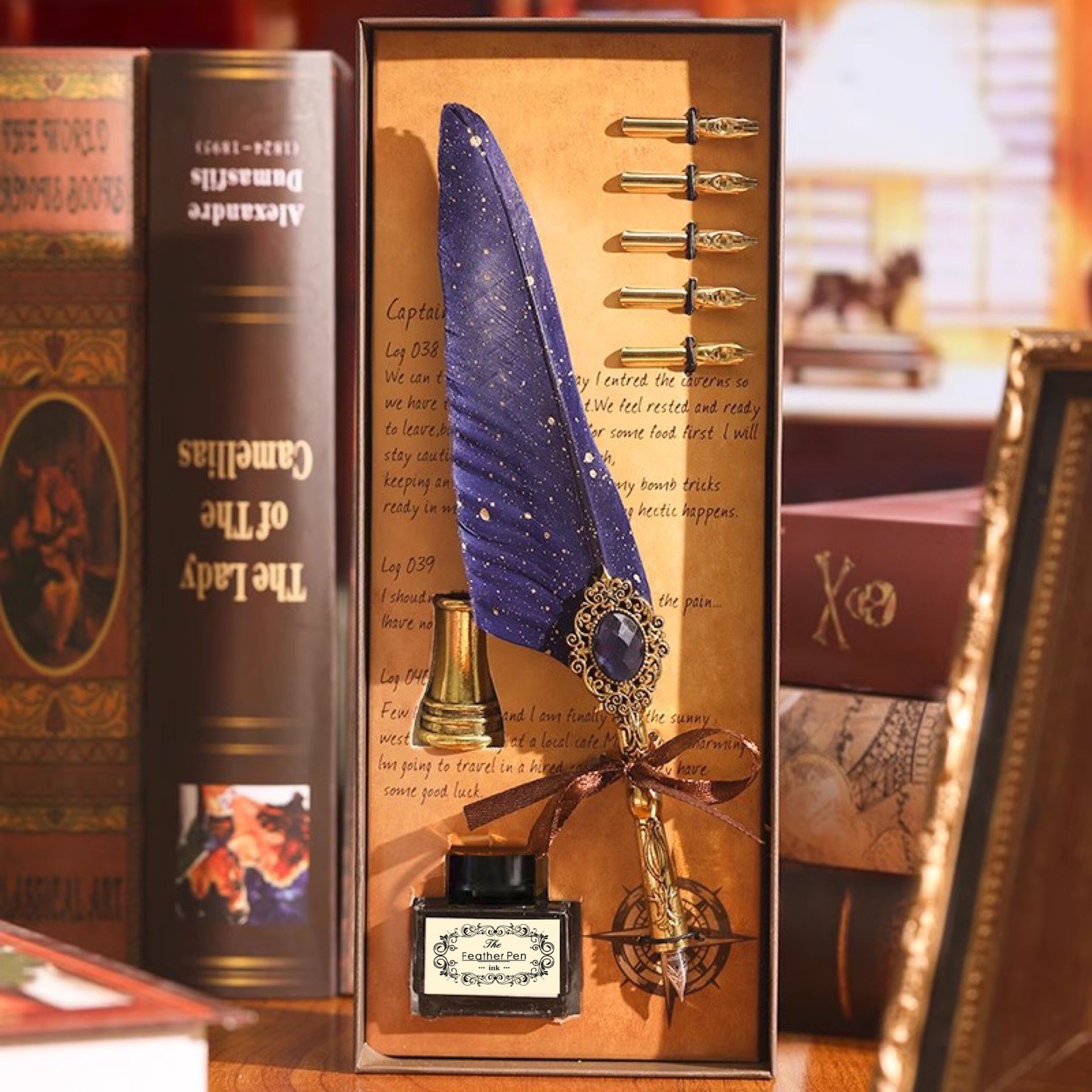 Navy blue feather quill pen gift set with gold nibs and stand