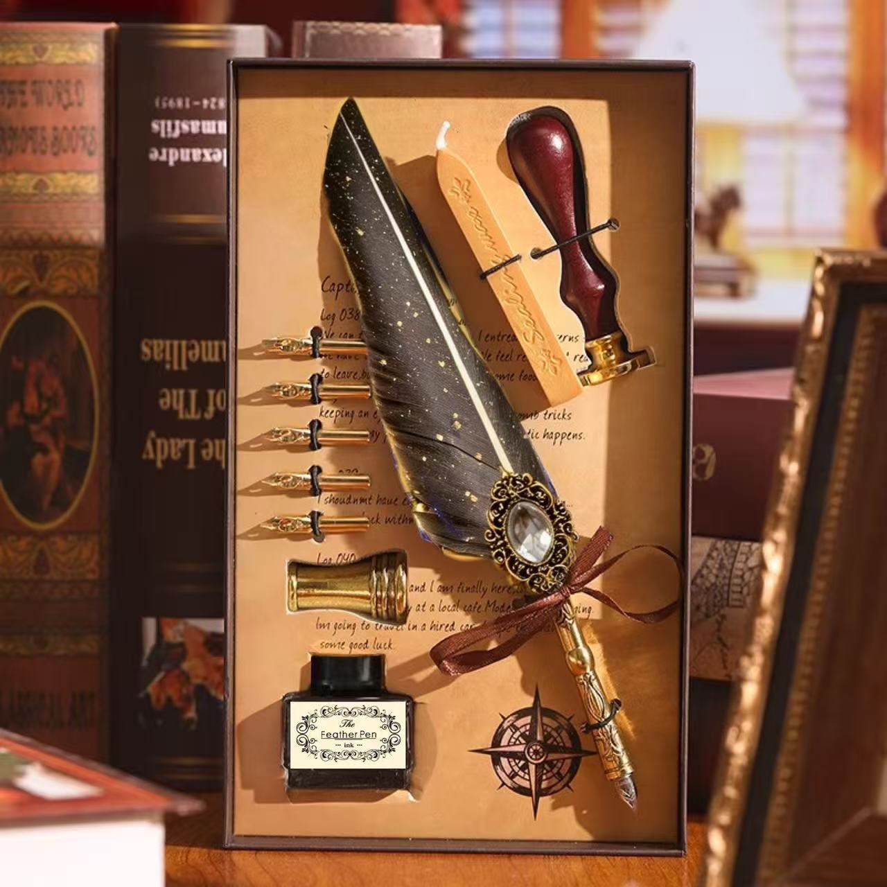 Feather quill gift set with wax seal stamp, sealing wax and ink