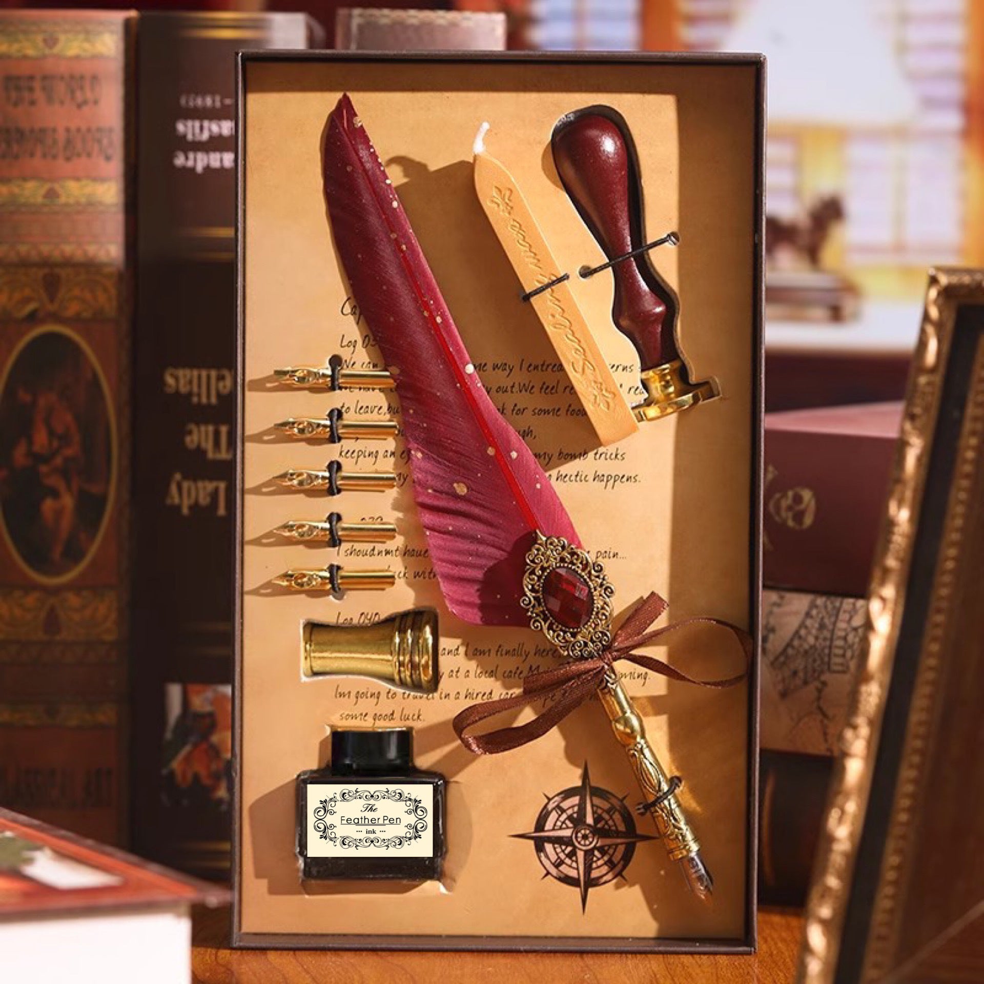 Burgundy feather quill gift set with wax seal stamp and sealing wax
