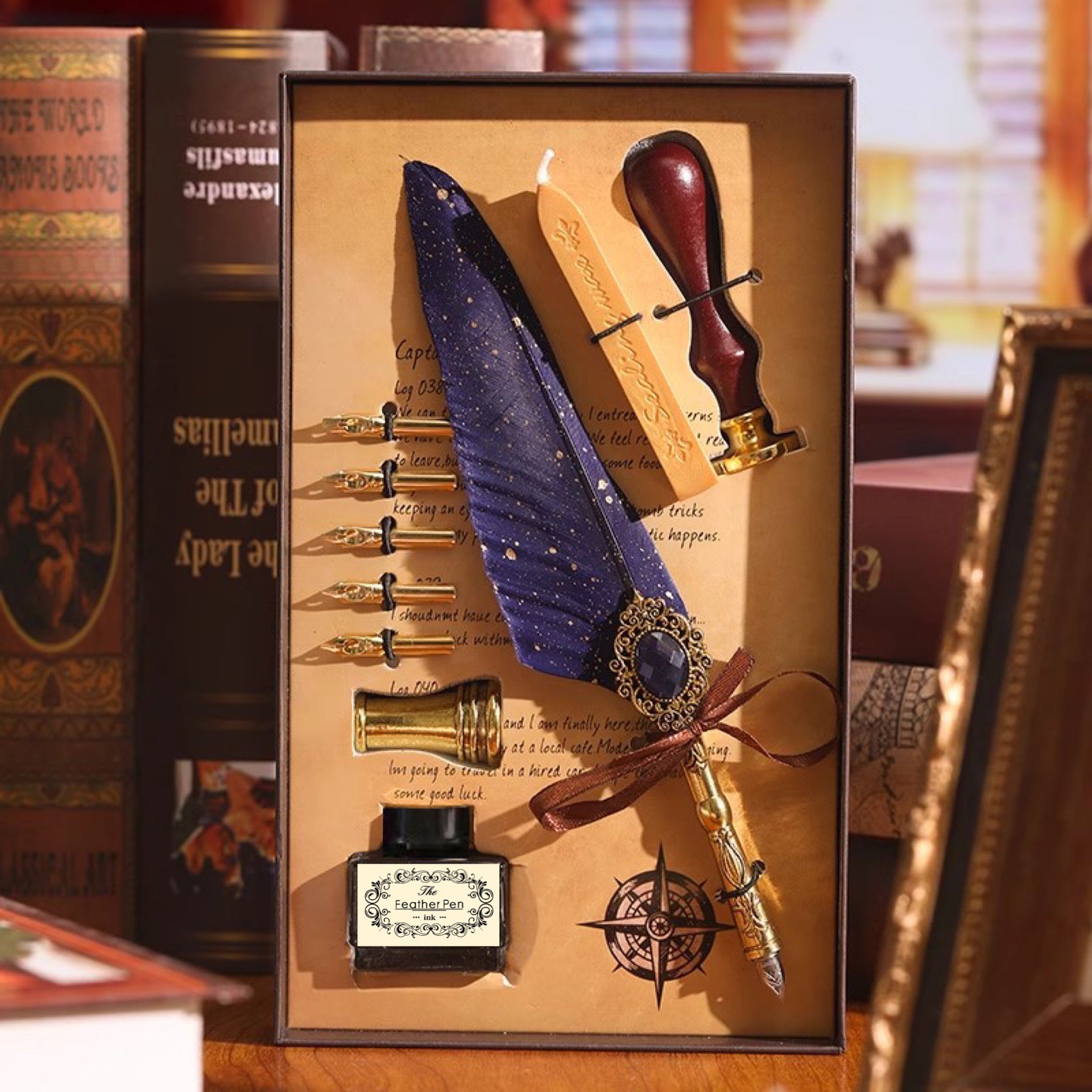 Blue feather quill wax seal gift set with ink and interchangeable nibs