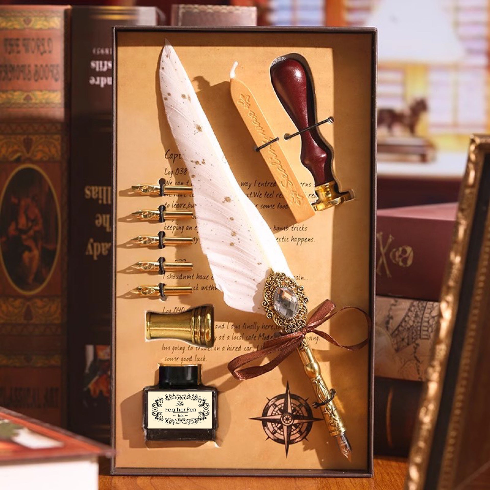 Vintage jeweled feather quill gift set with wax seal and ink