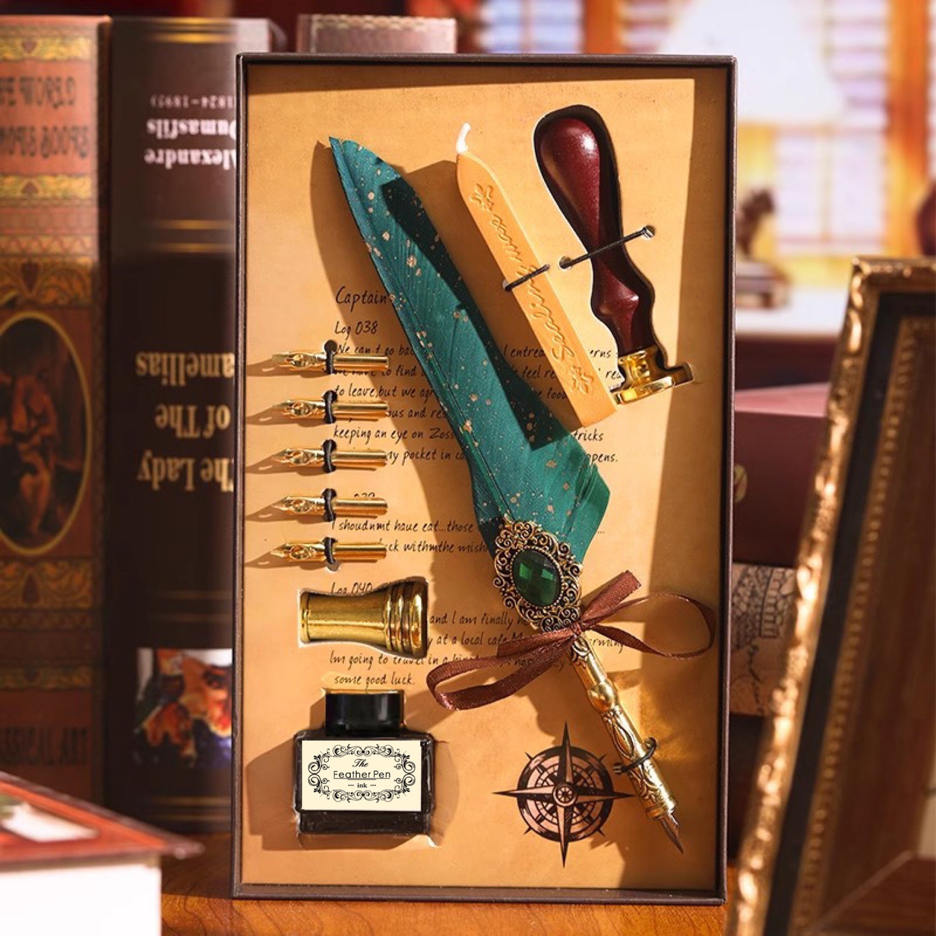 Green feather quill calligraphy set with wax seal stamp and ink