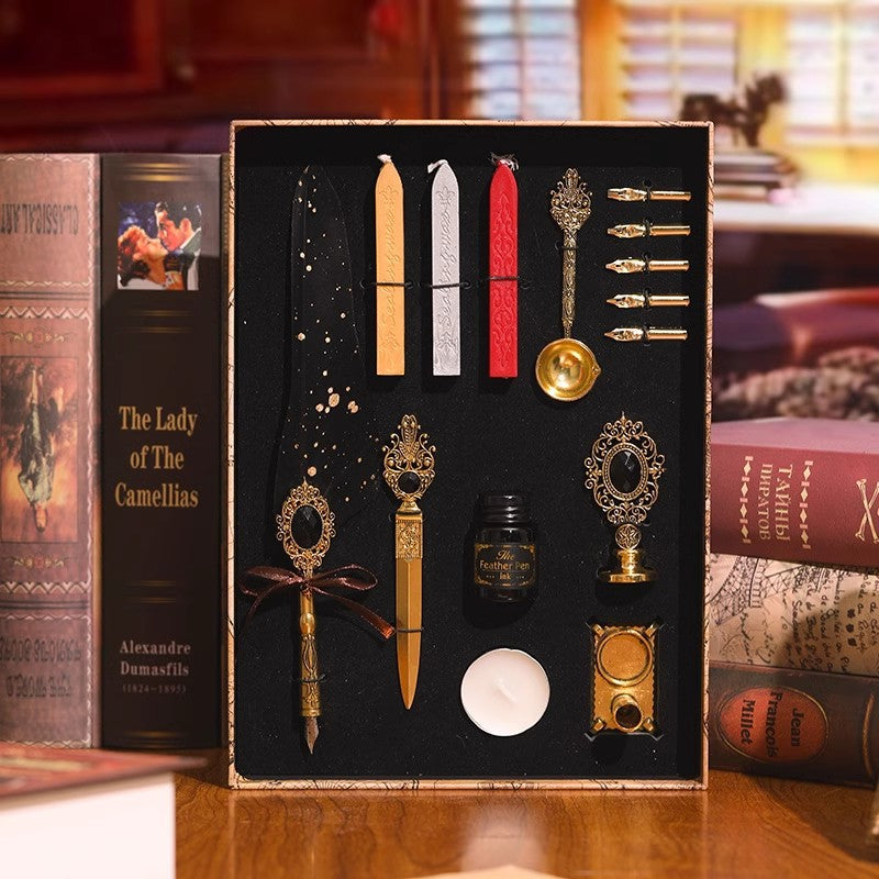 Vintage stationery wax seal gift set with quill pen and accessories