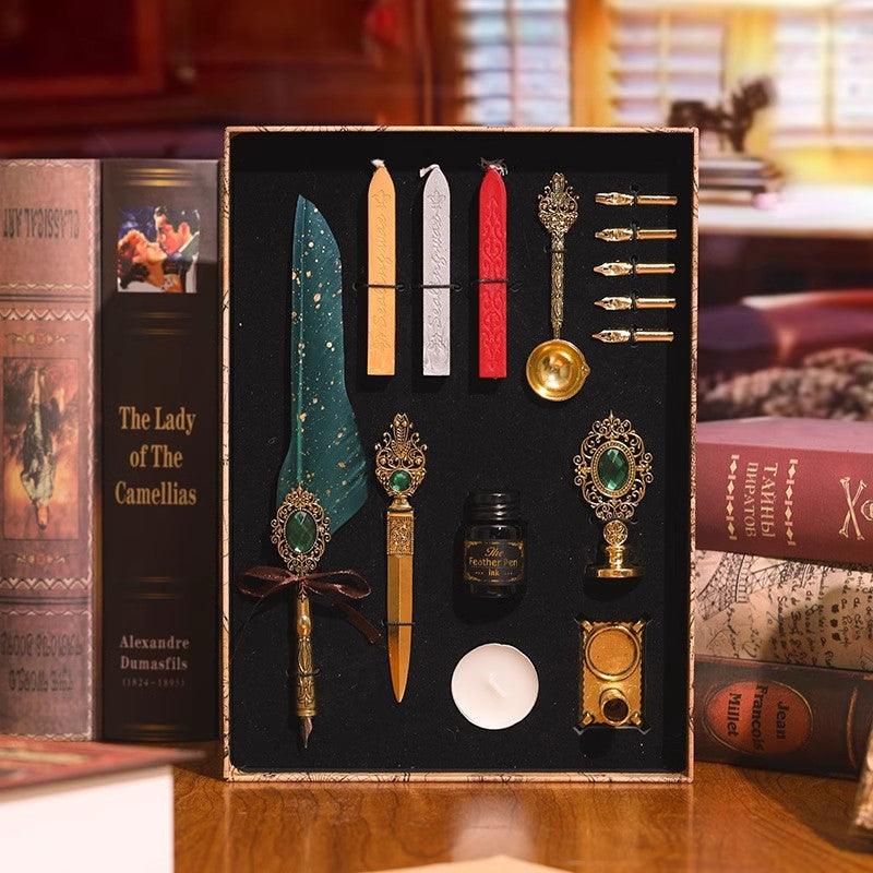 Green feather quill wax seal set in decorative presentation box