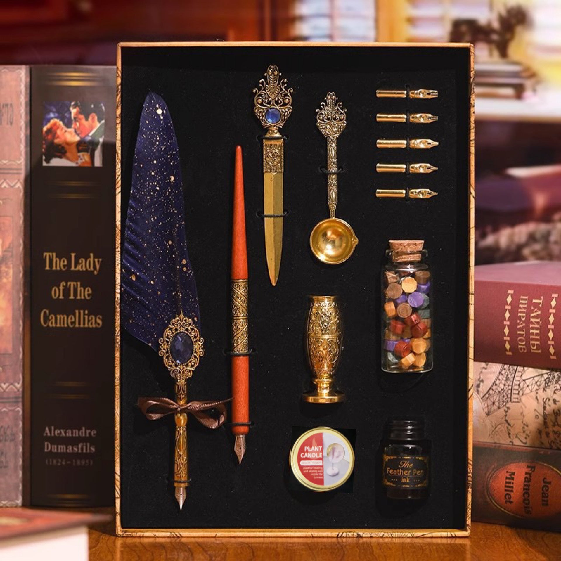 Navy feather quill gift set with wax beads, ink and gold accessories