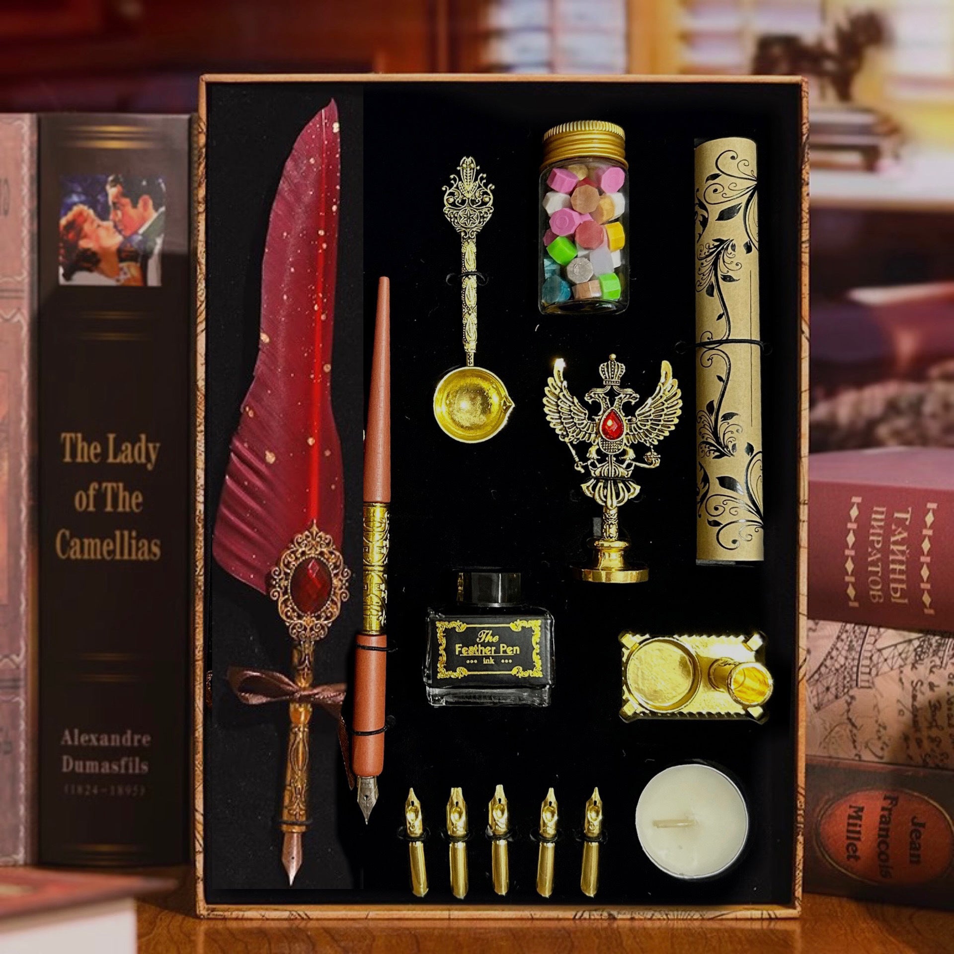 Wine red feather quill wax seal gift set with parchment scroll