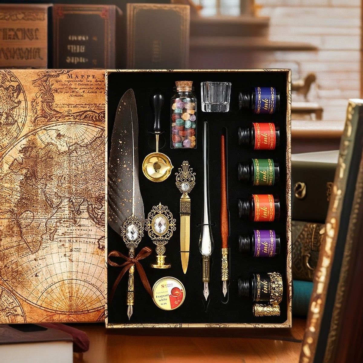 Black feather quill deluxe gift set with six colored inks and wax accessories