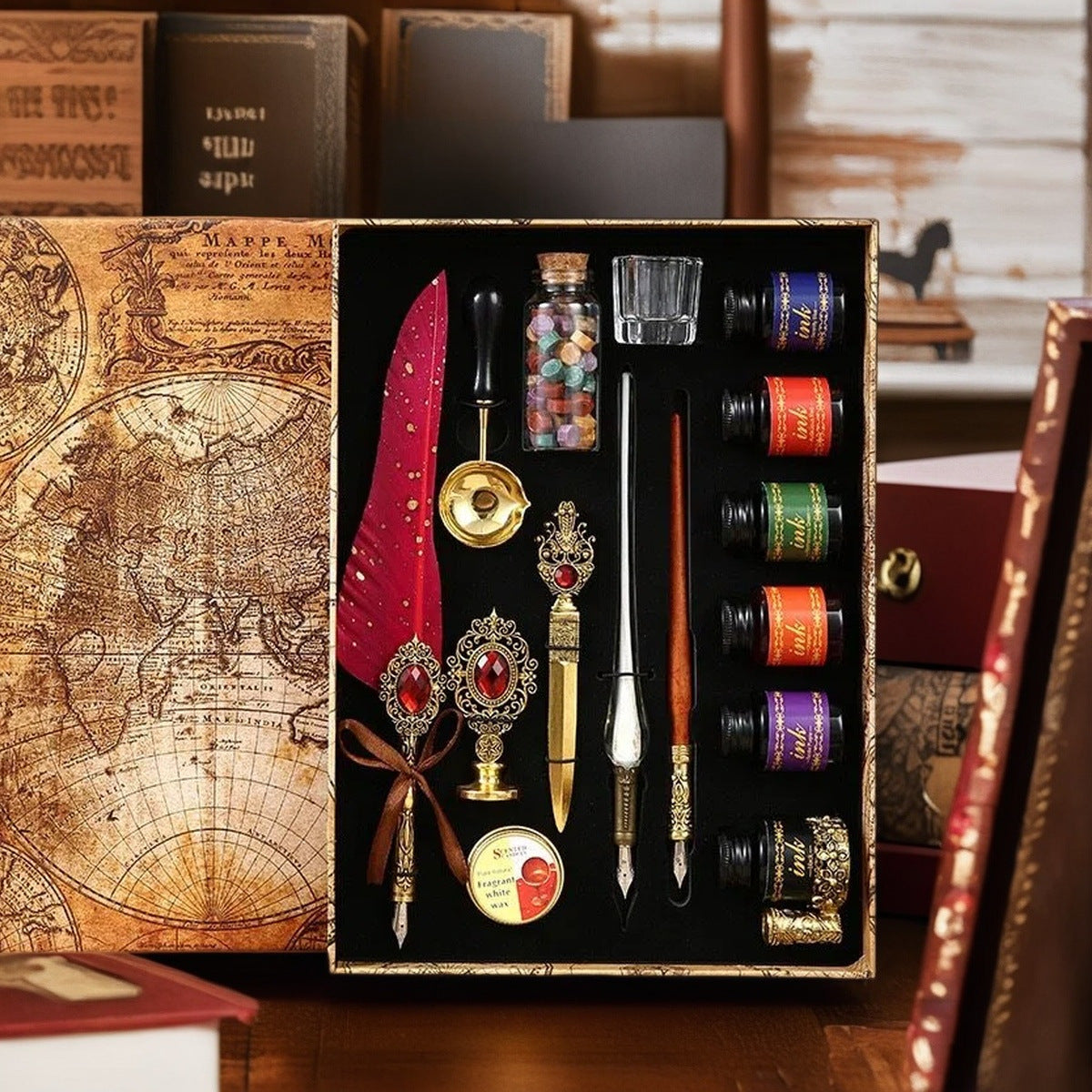 Red feather quill deluxe gift set with colored inks and wax seal tools