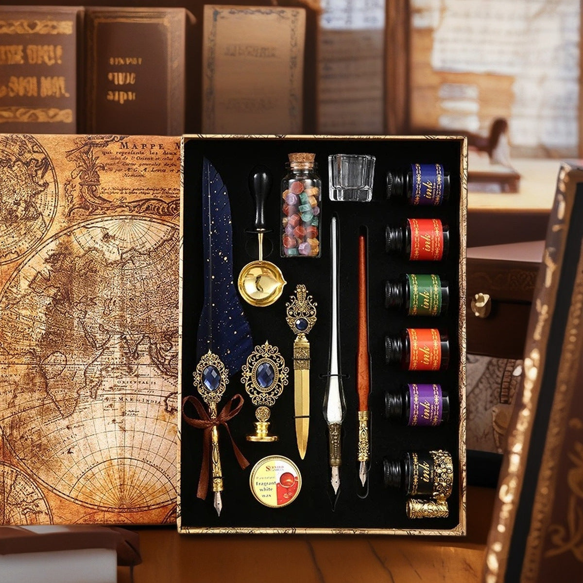 Blue feather quill deluxe gift set with six colored inks and wax accessories