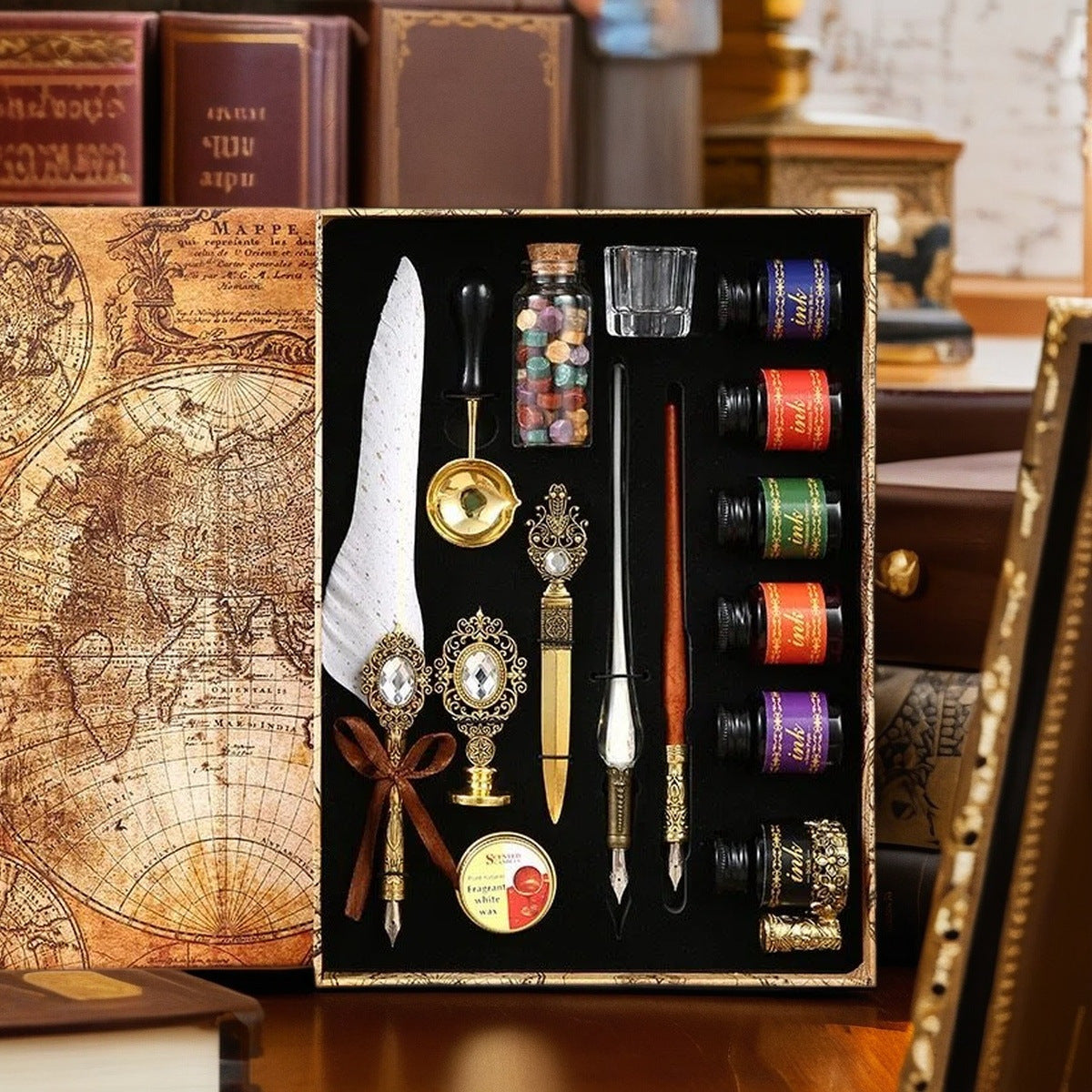 White feather quill deluxe gift set with colored inks and wax seal accessories