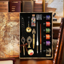 Black feather quill deluxe calligraphy gift set with colored inks and wax seal accessories