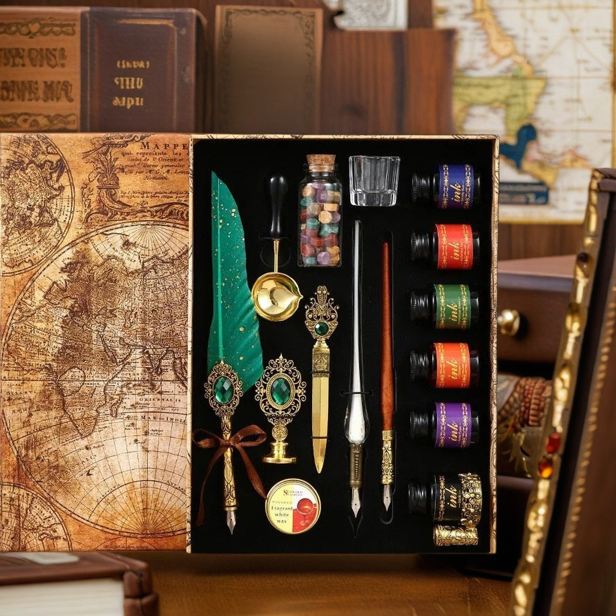 Green feather quill deluxe gift set with six colored inks and wax seal accessories