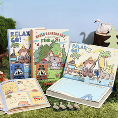 Relax Go B6 hardcover diary opened with colorful memo pages and writing space