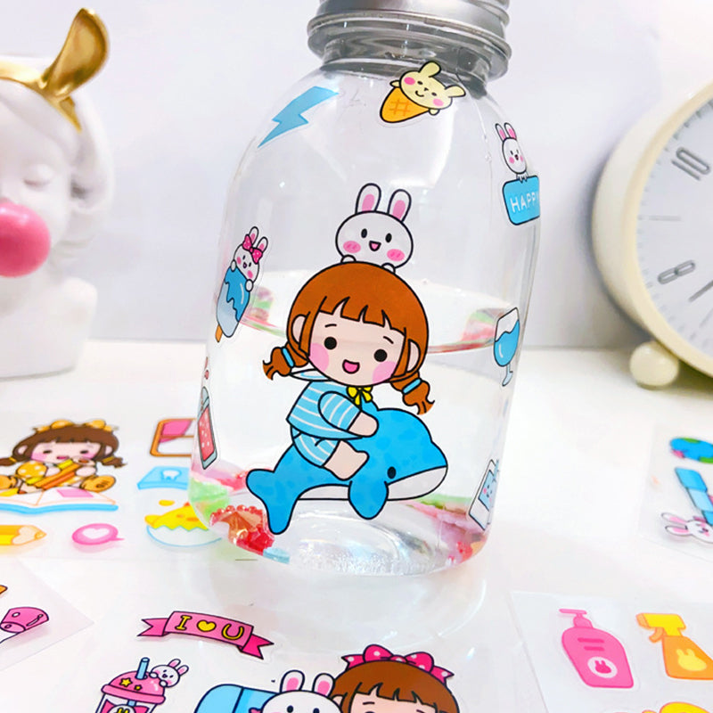 Reusable water bottle decorated with waterproof PET stickers that adhere smoothly to clear plastic surfaces