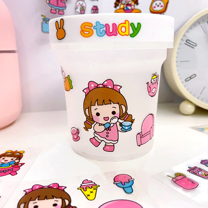 Reusable water cup decorated with colorful waterproof PET stickers for everyday use, journaling inspiration, and DIY crafts