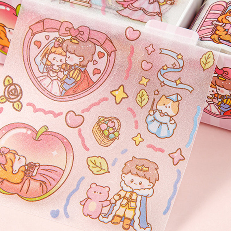Close-up of romantic cartoon stickers featuring hearts, stars, and storybook characters