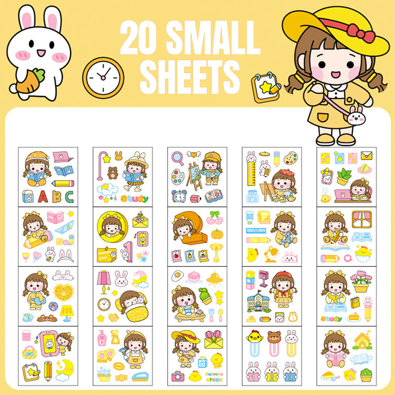 Twenty sheet school themed PET sticker set with study supplies, classroom items, and cute cartoon designs for journaling
