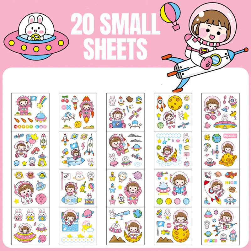 Twenty sheet space themed PET sticker set with rockets, planets, stars, and cute cartoon designs for journals and crafts