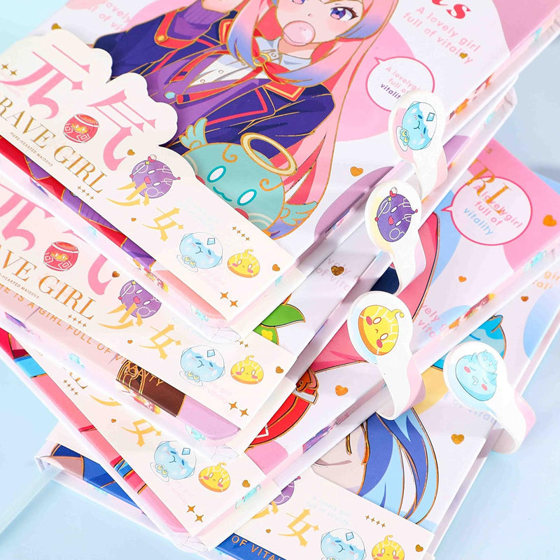 Stack of Brave Girl kawaii magnetic buckle notebooks featuring pastel anime covers and secure magnetic straps