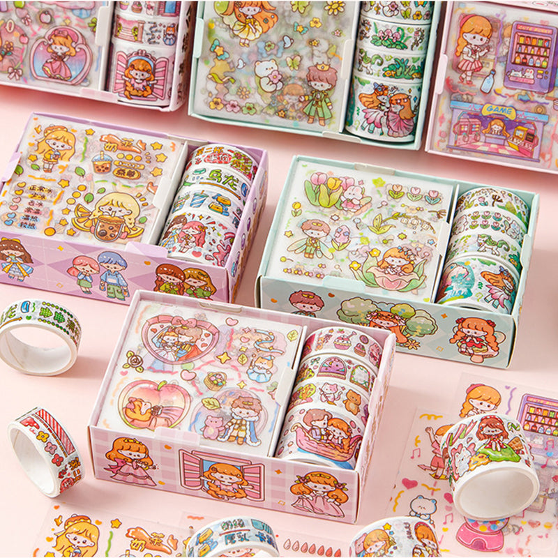 Storybook-style cartoon washi tapes and sticker sheets shown together on a pastel background