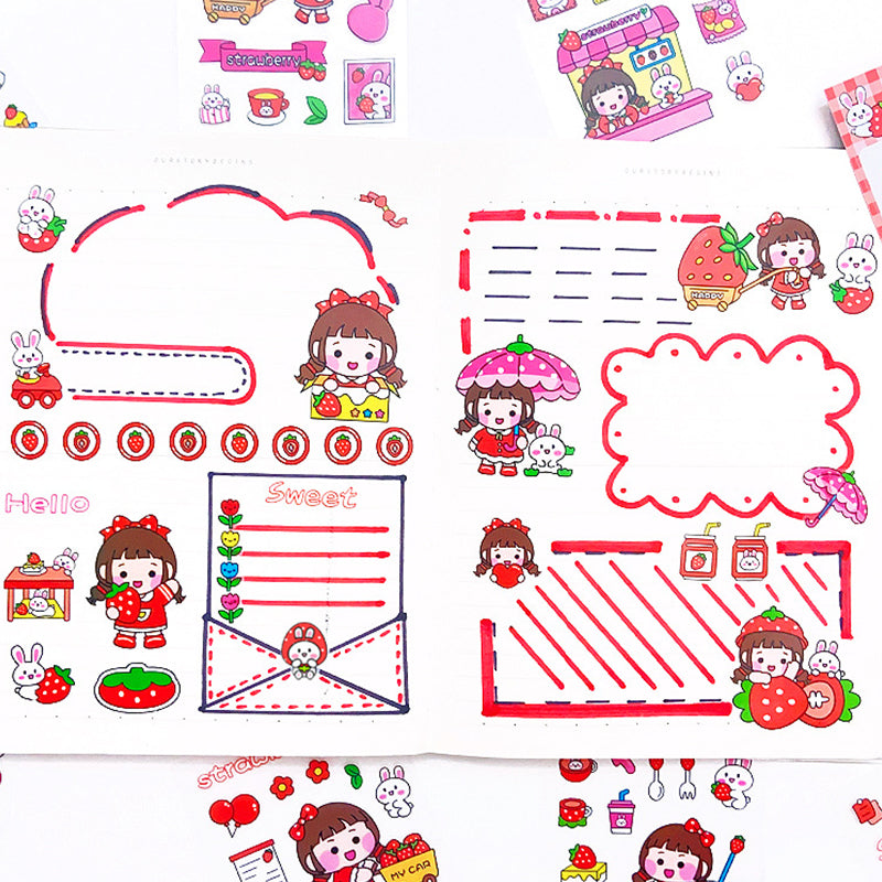 Strawberry themed planner sticker pages with fruit, decorative frames, notes, and cute cartoon designs for scrapbooks